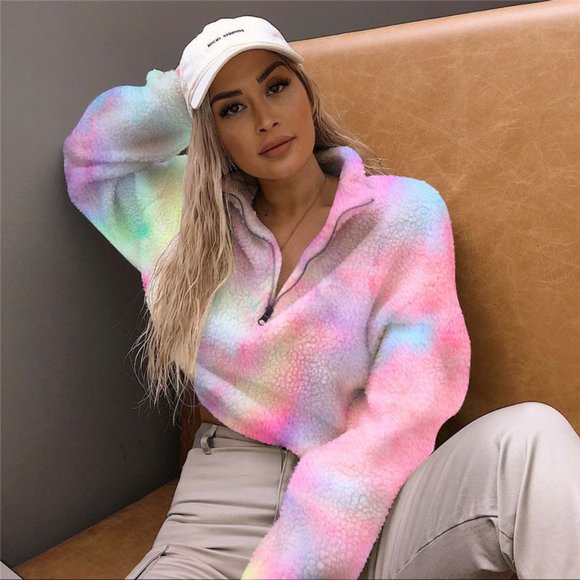 Winter Fleece Colorful Crop Hoodie - Picture 1 of 8